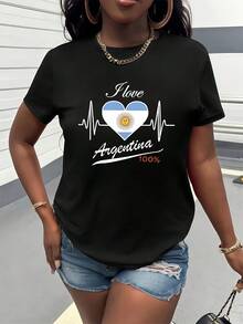 Women's T-Shirt Made Of Pure Cotton, Casual Loose Style, With Argentine Flag Heart Print, Short Sleeves And Round Neck, Modern, Versatile, Fashionable And Unique, Suitable For Casual Daily Wear, Travel, Vacation, Parties And As A Gift. - 黑色 - 查看 1