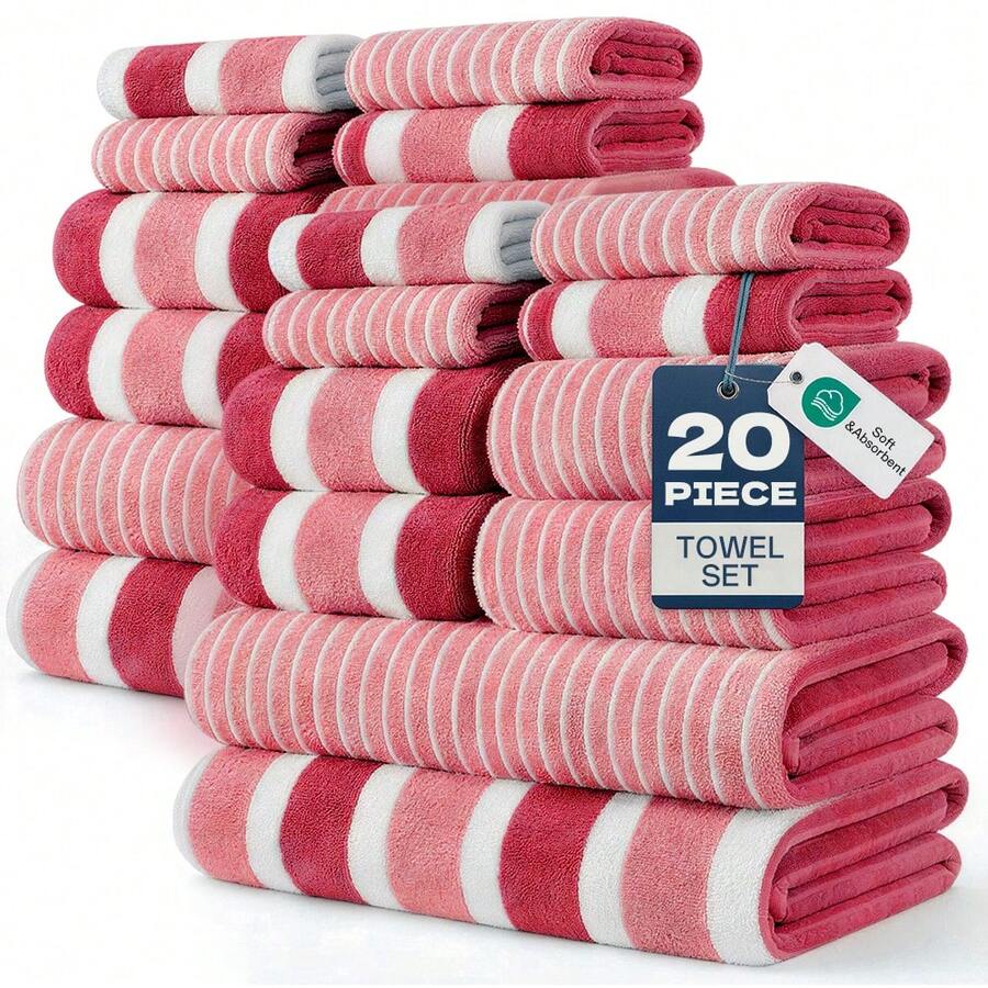20pcs Soft & Absorbent Towel Set | Quick-Dry Towels For Bathroom, Sports & Beach | 280gsm,Includes 4 Bath Towels, 8 Hand Towels, 8 Washcloths| Lightweight & Skin-Friendly Essentials - 紅色 - 查看 1