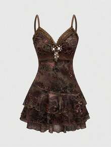 ROMWE Vestido mini con estampado de paisley, volantes, cinta y encaje inspirado en el estilo hippie vintage para mujer - Multicolor - Ver 9