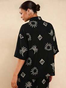 Camisa de lino negra de manga corta con bordado para mujer, camisa bordada casual, camisa negra de manga corta, camisa negra, camisa de vacaciones - Negro - Ver 2