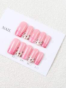 10 piezas de pegatinas de uñas brillantes, uñas postizas acrílicas cuadradas medianas, base rosa nude con estampado de leopardo y rayas de cebra rosa, estilo dulce Y2K, forma de mano favorecedora, adecuado para uso diario y fiestas, mejor vendedor de manicura francesa con estampado de leopardo - Rosa - Ver 5