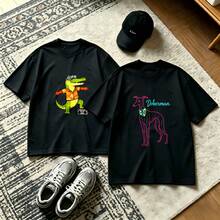 2-Piece Couple Matching Pattern T-Shirt, 100% Cotton, Loose Fit, Soft And Breathable, Casual Round Neck Short Sleeved Top Love Print With Abstract Design Versatile Patterns No Picky Combinations Coordinated Dating Casual Travel Simple And Cartoonish Printing Styles High Cost-Effectiveness Couple - 黑色 - 查看 1