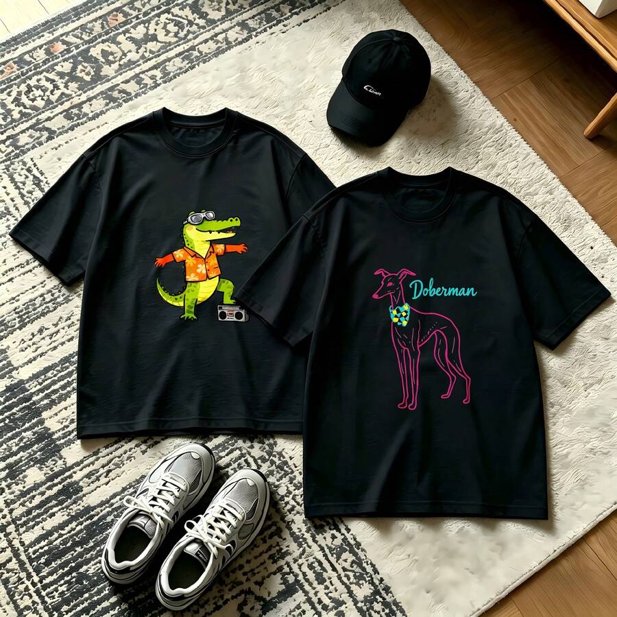 2-Piece Couple Matching Pattern T-Shirt, 100% Cotton, Loose Fit, Soft And Breathable, Casual Round Neck Short Sleeved Top Love Print With Abstract Design Versatile Patterns No Picky Combinations Coordinated Dating Casual Travel Simple And Cartoonish Printing Styles High Cost-Effectiveness Couple - 黑色 - 查看 1