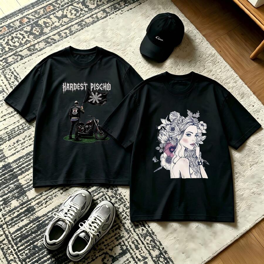 2-Piece Couple Matching Pattern T-Shirt, 100% Cotton, Loose Fit, Soft And Breathable, Casual Round Neck Short Sleeved Top Day Of The Dead Skeletons Dancing Versatile Patterns No Picky Combinations Coordinated Dating Casual Travel Simple And Cartoonish Printing Styles High Cost-Effectiveness Couple - 黑色 - 查看 1