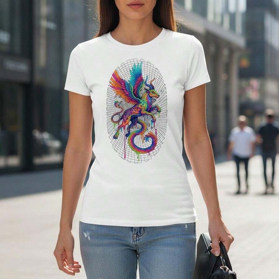 Camiseta Surrealista de Op Art Vibrante con Diseño de Alebrije Fundido Psicodélico - Blanco - Ver 1