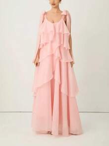 Nuevo vestido largo vacacional estilo dulce, tirantes finos, diseño pastel de múltiples capas, moda europea y americana - Rosa - Ver 8