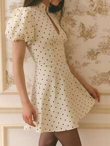 Vestido corto primavera 2026, lunares con mangas farol y cintura ajustada elegante - Beis - Ver 3