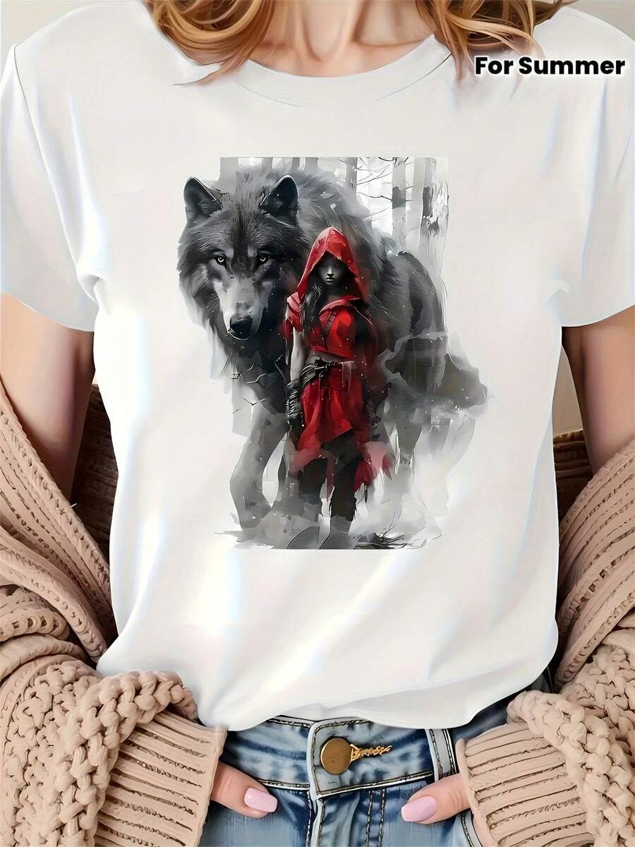 Camiseta Casual de Manga Corta con Estampado Gráfico para Mujer - Top de Verano con Cuello Redondo y Estampado Geométrico Atrevido, Tejido Transpirable de Elasticidad Media, Camiseta Blanca Lavable a Máquina para Atuendo Casual, Top de Corte Relajado, Camiseta de Textura Suave - Blanco - Ver 1