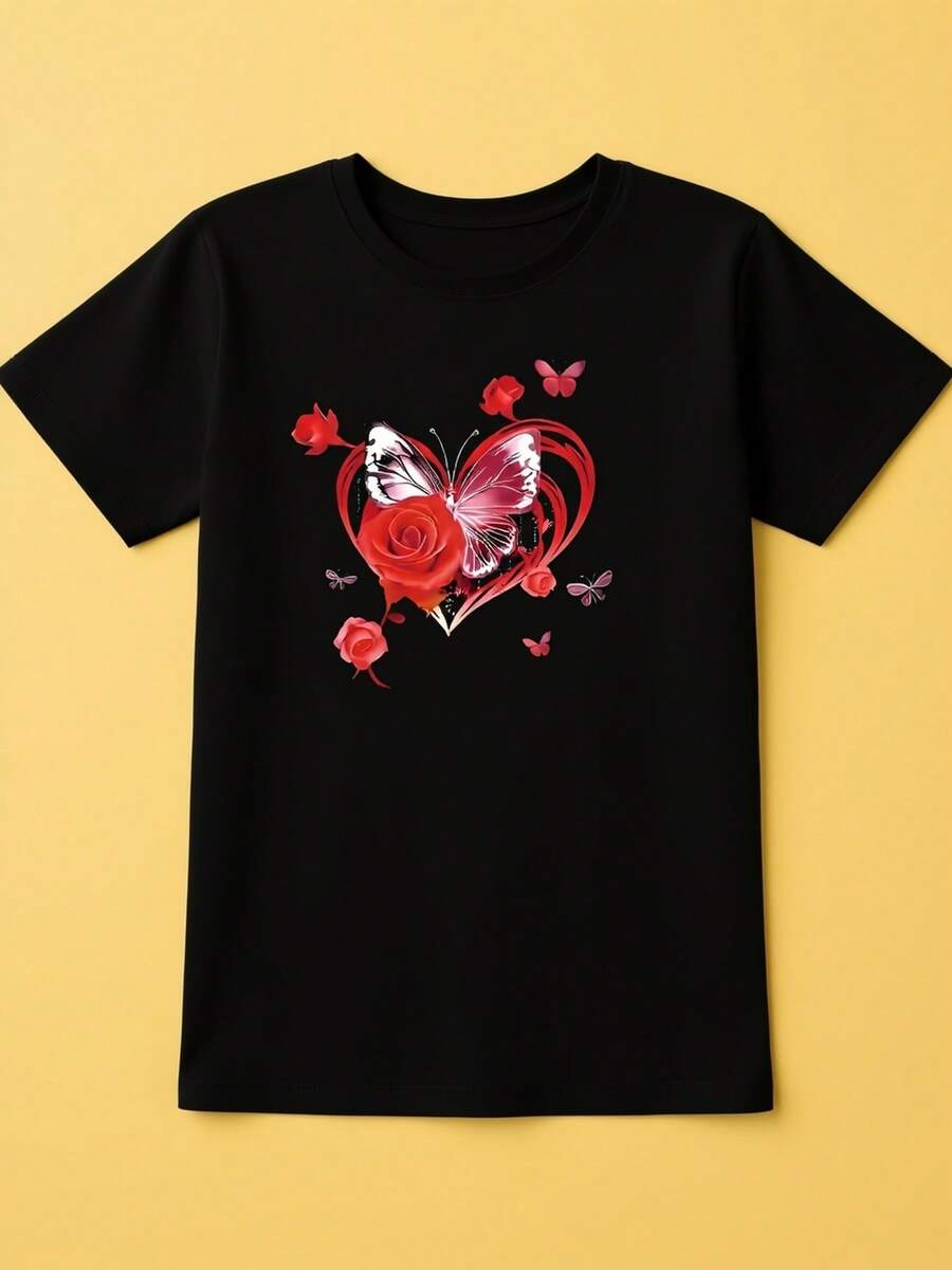 Camiseta de Talla Grande para Mujer con Estampado de Corazón, Lavable a Máquina, Estilo Europeo y Americano - Negro - Ver 1