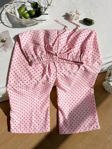 Pantalones casuales de mujer de lunares amarillos tejidos - Rosa Pálido - Ver 5