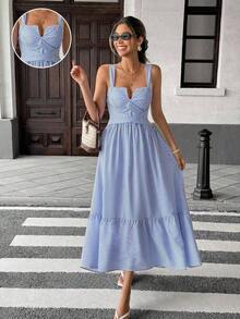 Vestido de mujer con cuello en V a rayas y cruzado - Azul - Ver 9
