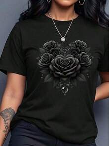 Women's Short-Sleeved T-Shirt, Casual, Round Neck, Modern, Versatile, Slogan Print, For Summer, Informal Style. - Hitam1 - View 6
