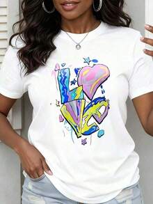 Women's Colorful Love Graffiti Print Short Sleeve T-Shirt, Casual Short Sleeve Top, Fashion Graphic Tee, Summer Clothes, Urban Style Outfit, Casual. - 白色 - 查看 7