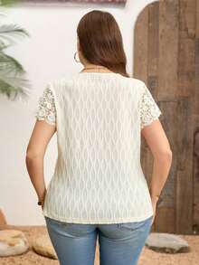 Clasi Blusas de verano para mujer de talla grande, blusa elegante, camiseta blanca, camiseta de punto jacquard, camiseta con encaje en contraste - Beis - Ver 2