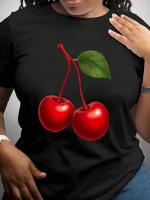 Camiseta de 180 gramos de hilo de leche, patrón de cereza roja para mujer, cuello redondo holgado y casual, estampado geométrico de cereza, camiseta de manga corta casual con cuello redondo. - Negro - Ver 5