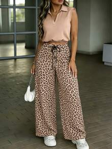 Elegant Leopard Print Casual Wide Leg Pants 2pcs Set, Collared Sleeveless Polo Shirt, Office Set Summer - Khaki - View 3