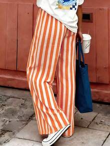 Pantalones sueltos y casuales a rayas para mujer, pantalones ligeros y cómodos de estilo bohemio elegante para primavera, verano y otoño, vacaciones en color rosa - Naranja Quemada - Ver 2