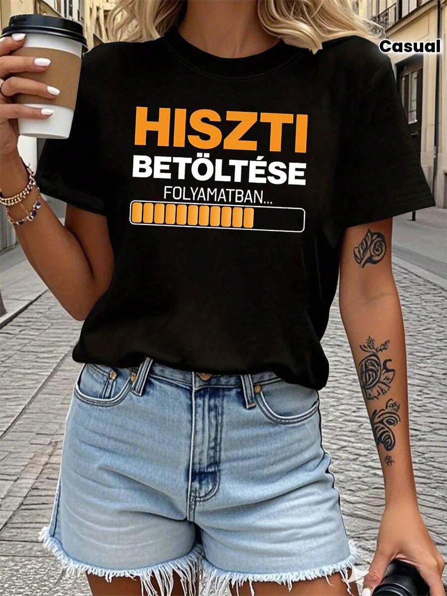 Women's T-Shirt With Hungarian Temperature Charging Progress Bar Graphic Print, Short Sleeve, Round Neck, Casual Spring-Summer T-Shirt, Everyday Leisure, Holiday Gift - 黑色 - 查看 1