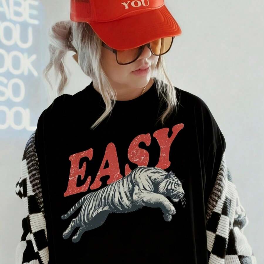 Camiseta Y2K para mujer con gráfico Easy Tiger, estilo urbano, patrón divertido, a la moda, holgada, casual, para celebración, fiesta, regalo de festividades