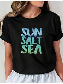 Women's Colorful Short Sleeve V-Neck T-Shirt, Spring/Summer Fashion, SUN SALT SEA Letter Print, 1-Pack, Stylish Colorful Short Sleeve V-Neck T-Shirt, Casual Round Neck Top 6067I01, Comfortable Women's Clothing. S2PB - 黑色 - 查看 6