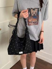 Spring New Fresh Floral Pleated Large Capacity Shoulder Bag, Korean Casual Tote Bag For Women - Black - View 1