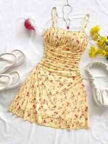 Vestido de verano de vacaciones de mujer con cuello halter de malla floral en azul y blanco - Rojo cereza - Ver 5