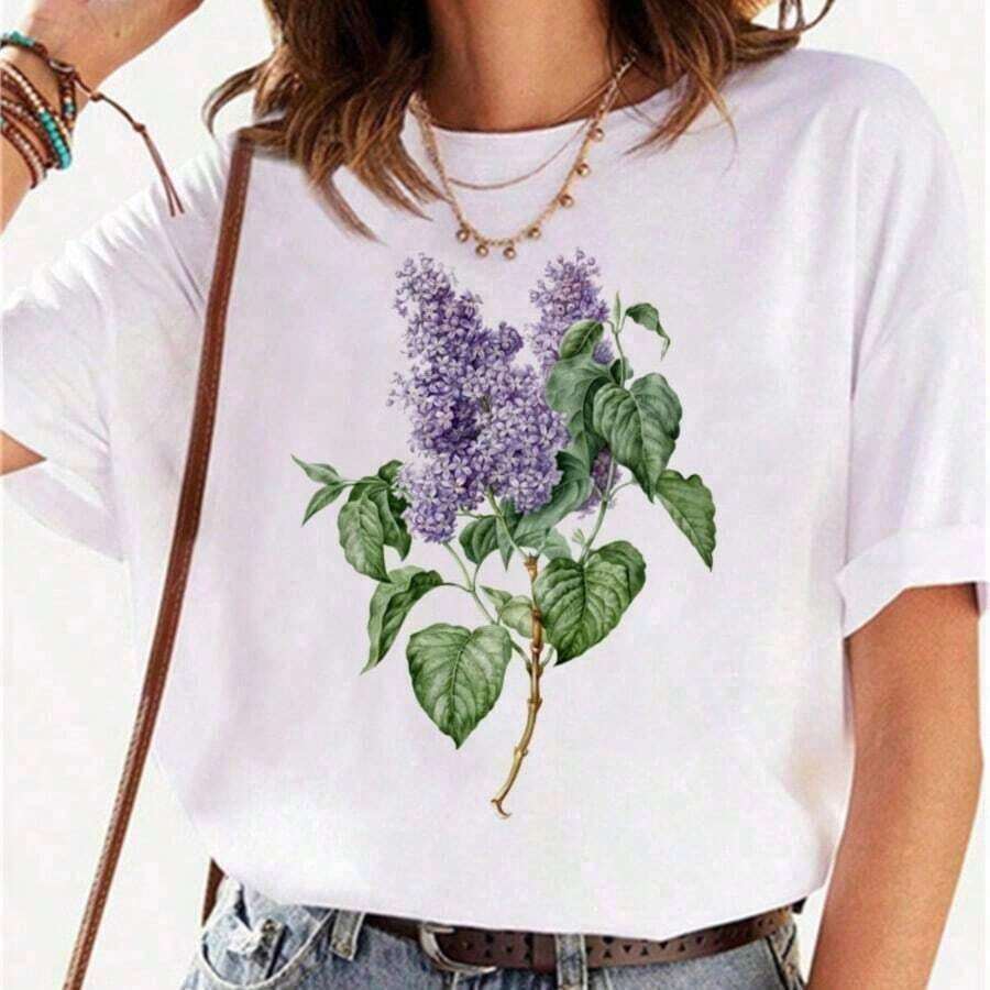 Women's Breathable Bohemian T-Shirt, Fashionable In Summer, Harajuku Floral Print, Popular Y2K Style, Round Neck, Short Sleeve, Casual. - 紅白 - 查看 1