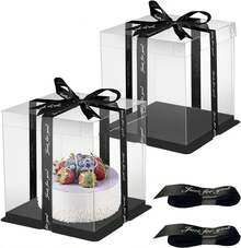 Juego de 2 cajas transparentes para pasteles en color negro, caja transparente para pasteles con cinta, caja reutilizable para regalo y transporte de pasteles y postres. - Negro - Ver 10