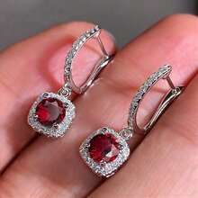 1 Pair 925 Sterling Silver Princess Cut Cubic Zirconia Hoop Earrings For Women, Luxury Elegant Wedding & Engagement Jewelry, Anniversary Gift For Her - 紅色 - 查看 1