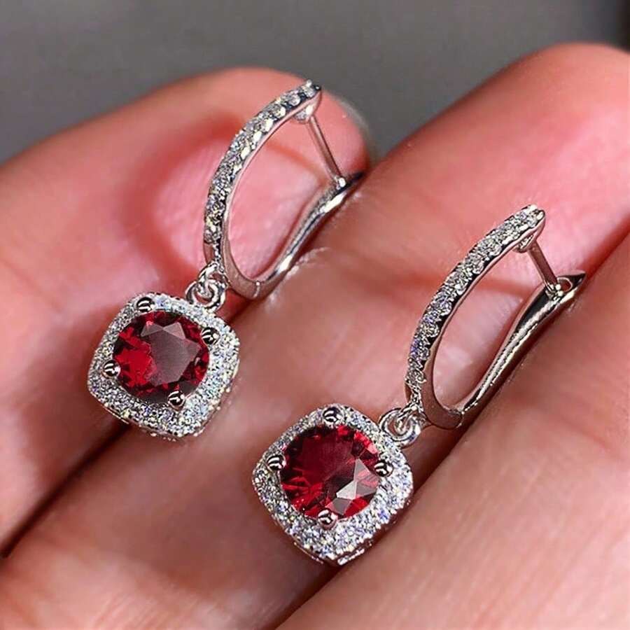 1 Pair 925 Sterling Silver Princess Cut Cubic Zirconia Hoop Earrings For Women, Luxury Elegant Wedding & Engagement Jewelry, Anniversary Gift For Her - 紅色 - 查看 1