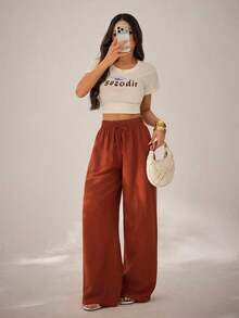 Pantalones casuales rectos y sueltos con cinturón de unicolor para mujer, versátiles para invierno, Navidad y primavera - Color caoba - Ver 4