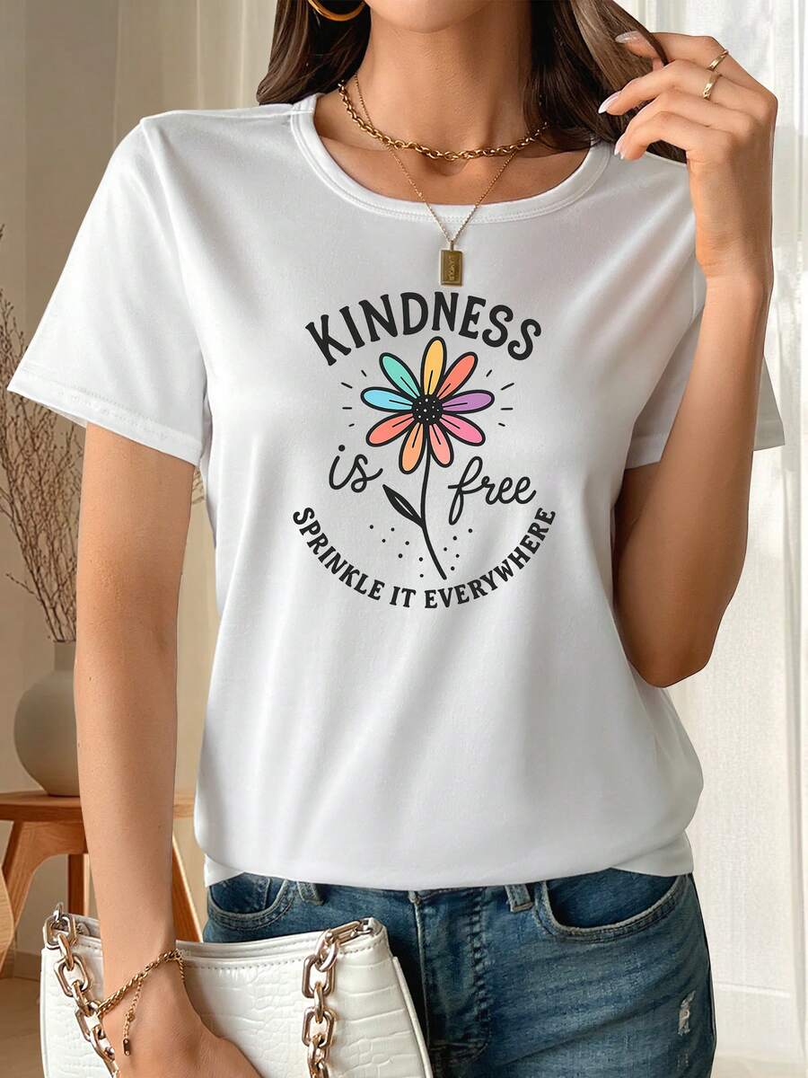 Women's Fun "Kindness Freedom" T-Shirt With Colorful Floral Print, Short Sleeves, Made Of Soft And Breathable Polyester Fiber, With Medium Elasticity, Machine Washable, Perfect For Summer Fashion, Women's Clothing, New Style, A Must-Have Garment For Spring And Summer. - White - View 1