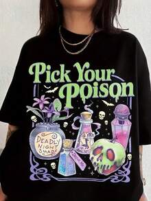 Camiseta de mujer con estampado "Pick Your Poison" de estilo gótico, top de manga corta holgado y de gran tamaño de estilo retro europeo y americano, camiseta de manga corta con estampado de calavera y frasco de medicina de estilo oscuro, top moderno de estilo callejero para chicas atrevidas, camiseta con ambiente de Halloween, camiseta de manga corta con diseño de nicho subcultural. - Negro - Ver 6