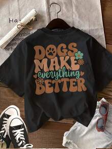 Limited Edition [Double-Sided Print] Women's T-Shirt - Retro Style With Dog Paw Print And Flowers, Loose Fit, Casual For Everyday Wear, Crew Neck, Short Sleeve, Lightweight Cotton - 黑色 - 查看 2