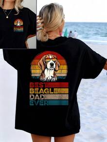 Beagle Dog Wearing Glasses Against A Warm Sunset, Conveying Love, Loyalty, And Calm To Those Who Enjoy The Company Of This Noble Animal. Women's Casual Double-Print T-Shirt For The Beach And Walks - 黑色 - 查看 1