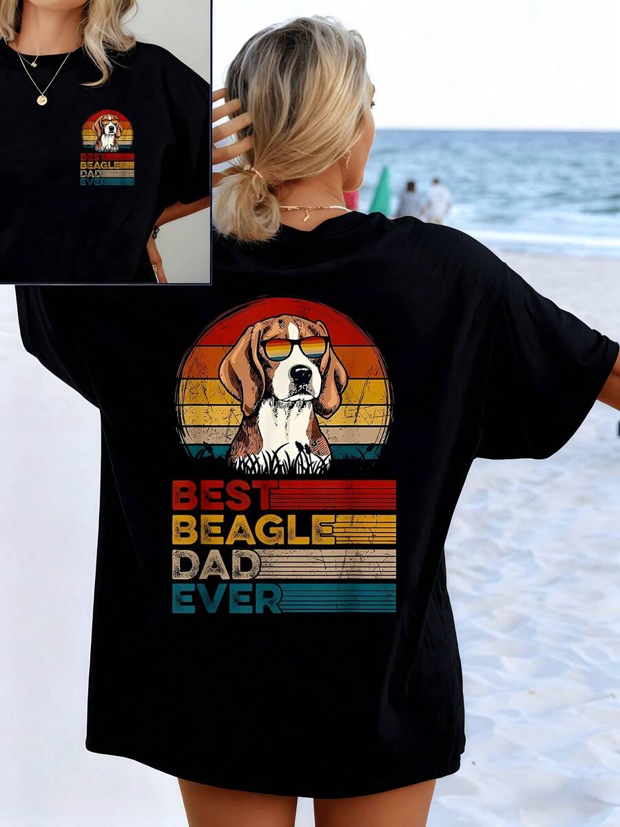 Beagle Dog Wearing Glasses Against A Warm Sunset, Conveying Love, Loyalty, And Calm To Those Who Enjoy The Company Of This Noble Animal. Women's Casual Double-Print T-Shirt For The Beach And Walks - 黑色 - 查看 1