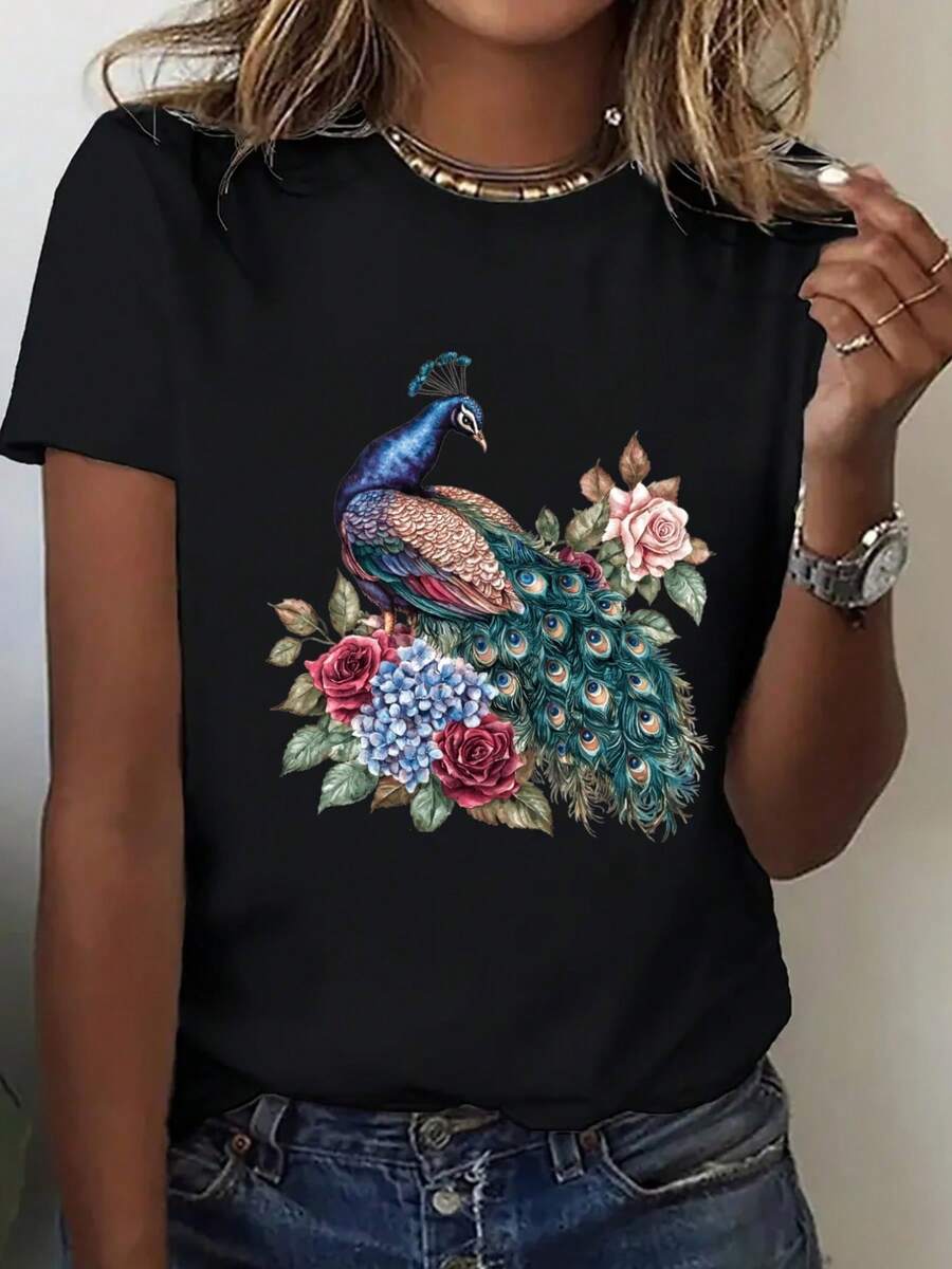 Women's Black Casual 100% Cotton T-Shirt, Printed With Vibrant Peacock And Floral Motifs - Loose Fit, Short Sleeves, Round Neck, Lightweight, Ideal For Summer, Available In Blue, Green, Pink, White, Orange And Yellow, Breathable And Comfortable, Suitable For Everyday Wear And Semi-Formal Occasions, Machine Washable. BXH8 - 黑色 - 查看 1