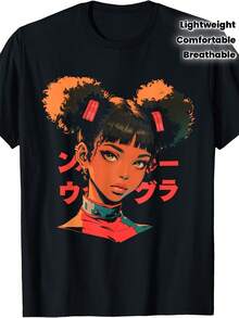 A Modern, Retro-Chic Women's Short-Sleeved T-Shirt, Perfect For Spring And Summer Outdoor Activities. Featuring Graphics Inspired By The Anime Cyberpunk And The Theme Of "Electronic Peacekeeping," This Garment Embodies Harajuku Urban Aesthetics In Black, Enhanced By A Vibrant Japanese Art Design In Orange And Green Tones. Pre-Shrunk To Ensure Lasting Quality, It Offers A Comfortable, Lightweight, And Breathable Fit, Suitable For Any Season. This Unisex Short-Sleeved, Crew-Neck Top Is An Absolute Must-Have For Any Anime Fan. - 黑色 - 查看 8