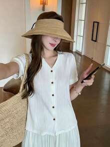2025春夏女士休闲短袖衬衫，百搭白色 - 白色 - 查看 1