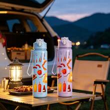 1pc 750ml/26oz 3D Printed Barbecue Pattern Sports Straw Water Bottle, 5 Color Options, With Handle Strap For Easy Carrying, Compact Durable Lightweight, Suitable For Outdoor Camping, Sports, Travel, School, Office, Birthday Gift - Multicolor - View 2