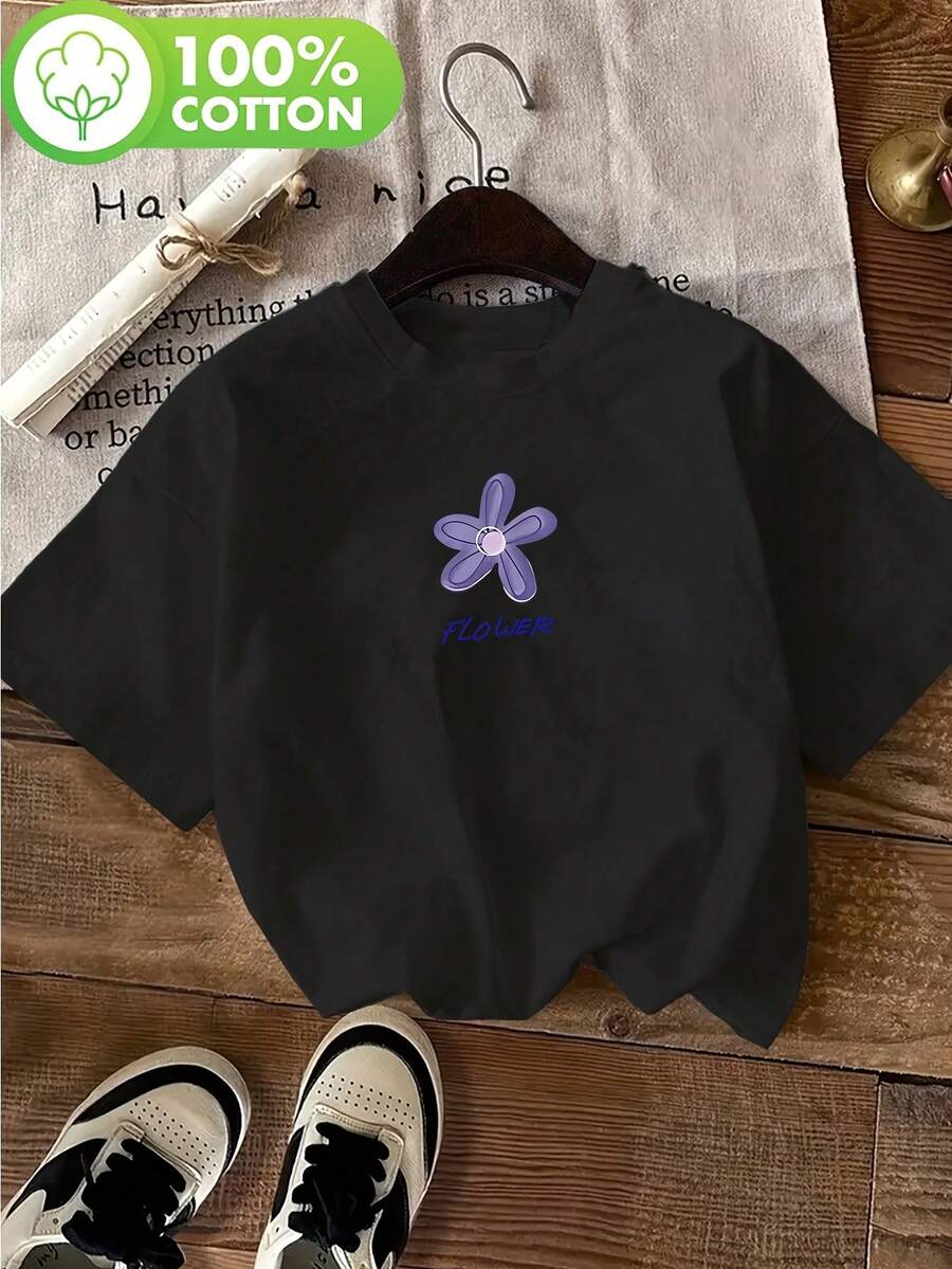 Camiseta con estampado gráfico, manga corta y cuello redondo, top casual para verano y primavera, ropa de mujer - Negro - Ver 1