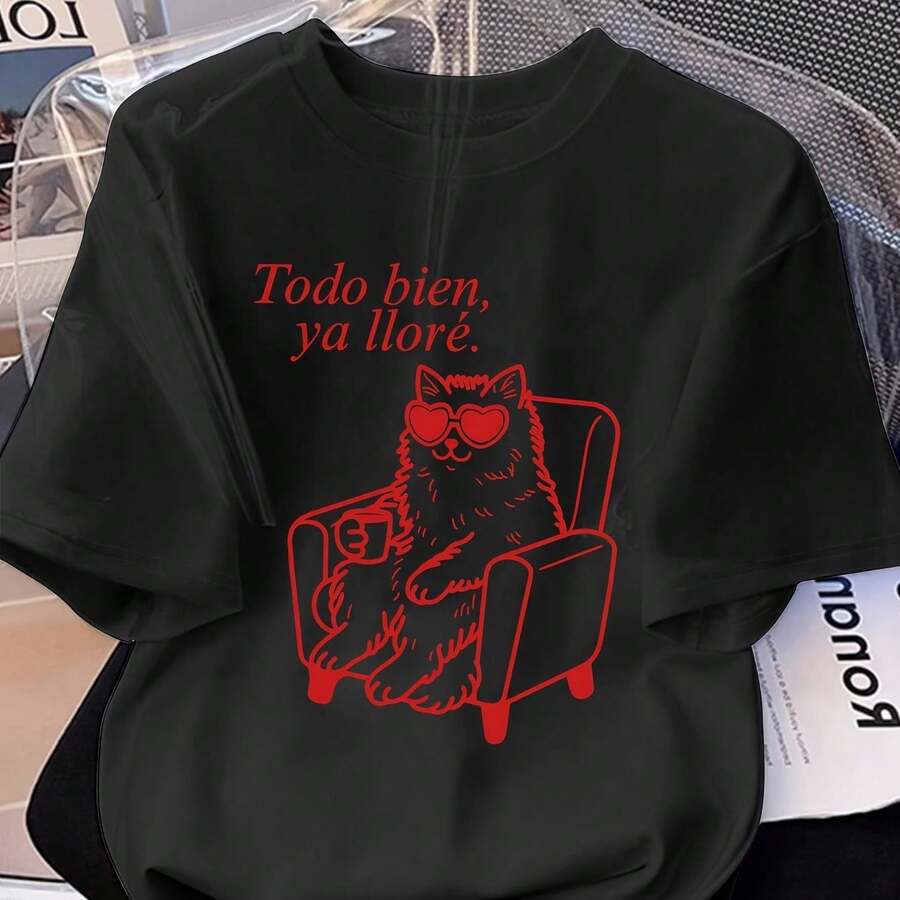 Funny And Heartwarming Cat T-Shirt For Women - Cute Kitten Print, Crew Neck, Ideal For Cat Lovers - Casual Wear And Themed Events (Machine Washable) - 黑色 - View 1