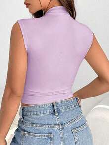 Top de verano de mujer tejido de unicolor con cuello alto para salir - Lila Púrpura - Ver 2