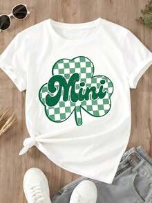 Camiseta de cuello redondo blanca con estampado mini de trébol a cuadros para el Día de San Patricio, ropa casual. - Blanco - Ver 4