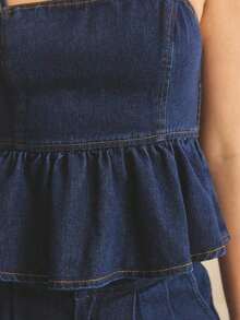 Conjunto de verano para mujer con top casual de tela de mezclilla suave, con tirantes de espagueti, bajo con volantes, ajustado al busto y silueta fluida - Azul lavado oscuro - Ver 3