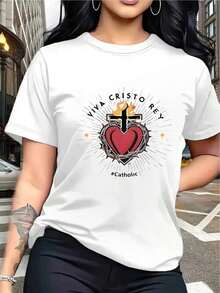 Simple And Versatile Design. Women's Oversized Black Sacred Heart Cross Print One-Piece T-Shirt - Vintage Catholic Pattern With Red And Gold Details, Faith Casual Wear With Religious Symbol, Limited Edition, Festive Gift Option, Spiritual Fashion For Her, Comfortable And Feminine Set, Symbol Of Cotton T-Shirt - 白色 - 查看 7