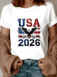 Majestic Eagle Spreading Its Wings Over A United States Flag With Soccer Balls And The Number 2026 Symbolizing Strength, Freedom And Sporting Passion. Modern Casual Women's T-Shirt - 白色 - 查看 1