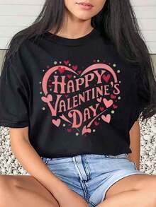 1 Piece Women's Valentine's Day T-Shirt With Heart Print, Round Neck, Short Sleeve, Soft And Comfortable, 220 G/M², 180 G, 100% Cotton - 黑色 - 查看 10