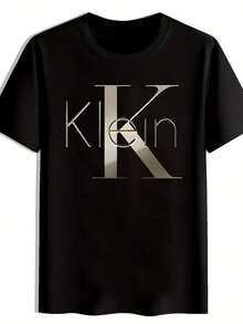 Klein Logo Print T-Shirt - Black With Gold Lettering, Casual Short Sleeve Crew Neck Summer T-Shirt, Iconic Brand Design For Casual Outfits, Machine Washable (Ideal Gift) - Signature Klein Brand Style, A Short Sleeve T-Shirt Suitable For Home, Daily Wear, Parties And Travel - Perfect As A Gift For Friends Or Family. - 黑色 - 查看 6