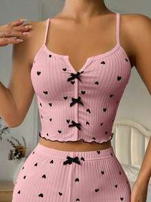 Softscene Top de pijama con estampado de corazón y tirantes con lazo para la temporada festiva - Rosa - Ver 4